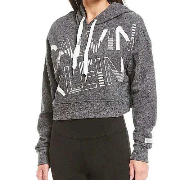 Calvin Klein Performance Medium Graphic Logo Cropped Fleece Hoodie Gray - Picture 1 of 5
